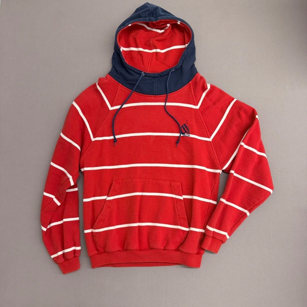 Vintage Nautica‎ Striped Hoodie Mens Medium Red Navy Blue Sailboat Logo Pullover
